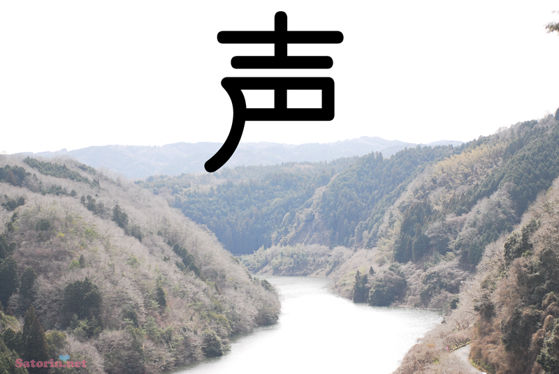 山に挟まれた川の写真に、大きく「声」と書かれている写真